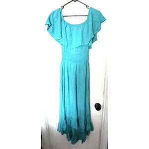 Area Stars Ruffle Shoulders Neck Aqua Roched Waist Maxi Long Dress Small NWT